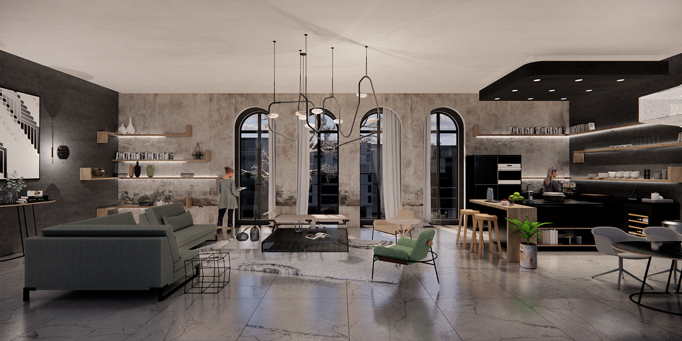 archviz design digitalrender Interior interiordesign LoftLiving lounge openplan residential