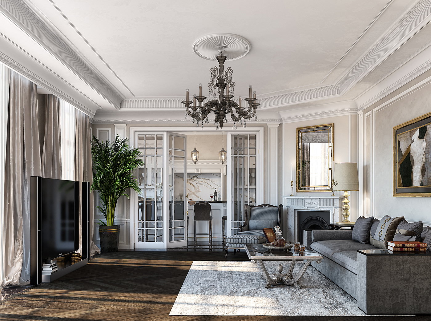 3D Interior Classic Villa Residence living room kitchen hallway design