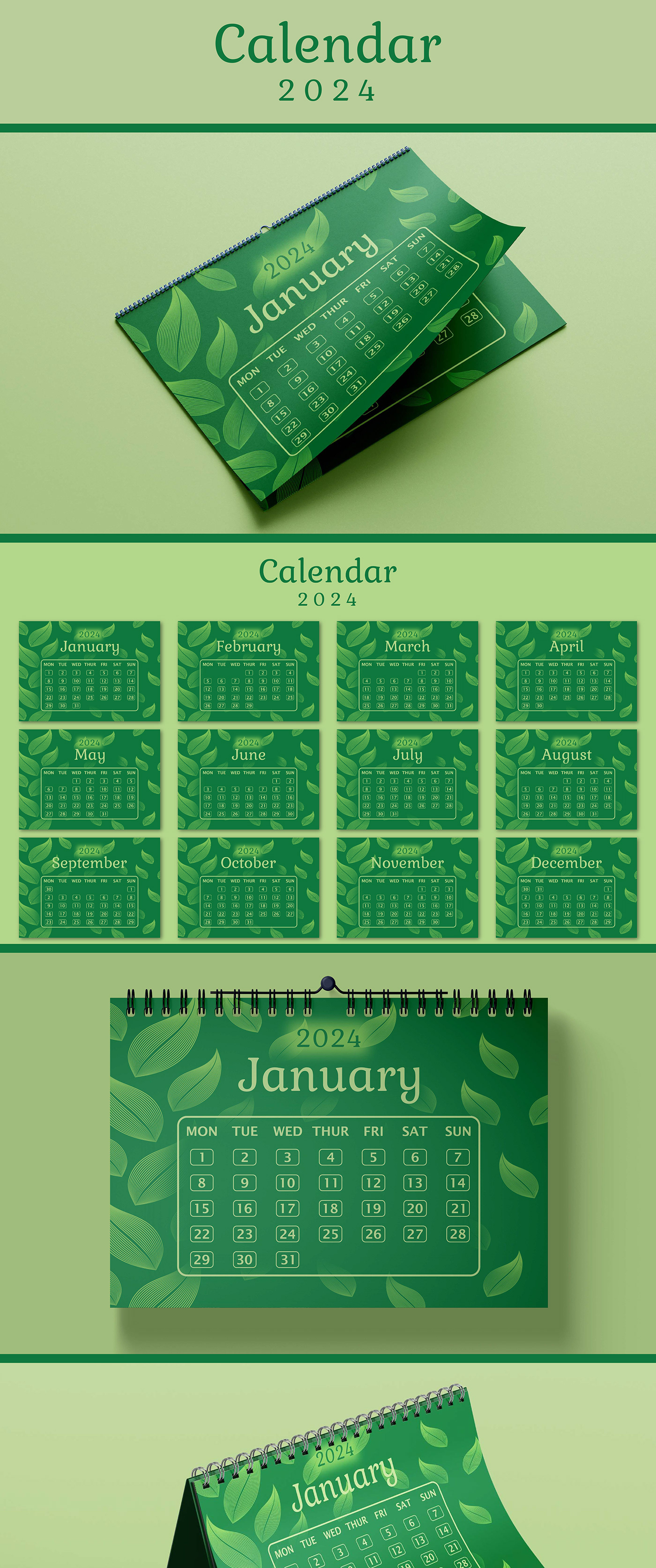calendar 2024 calndar green Packaging Office customized calendar leafy theme personalized calendar