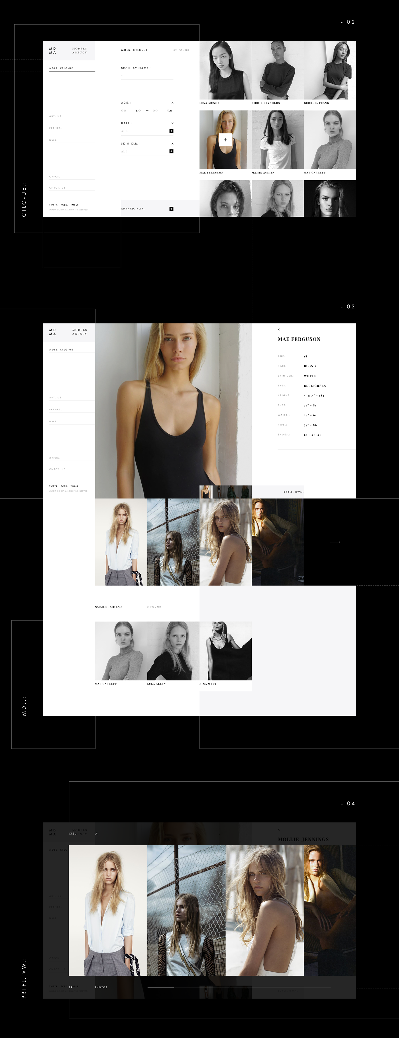 model Fashion  Website corporate portfolio UI Catalogue black and white agency design