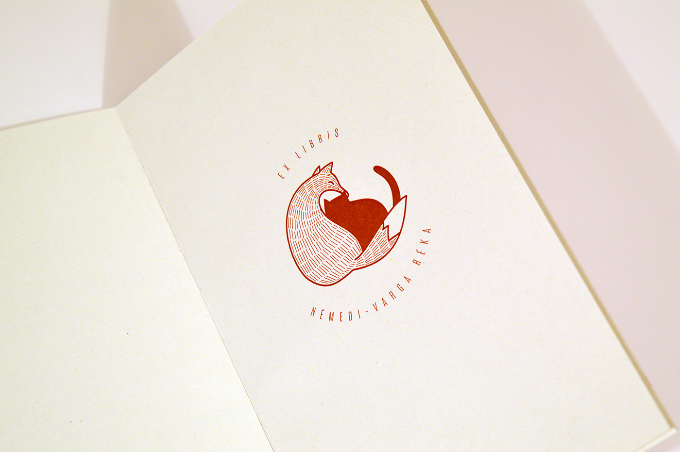 Ex Libris my book FOX Cat lines Drawing  ILLUSTRATION  red maneki neko pocketbook