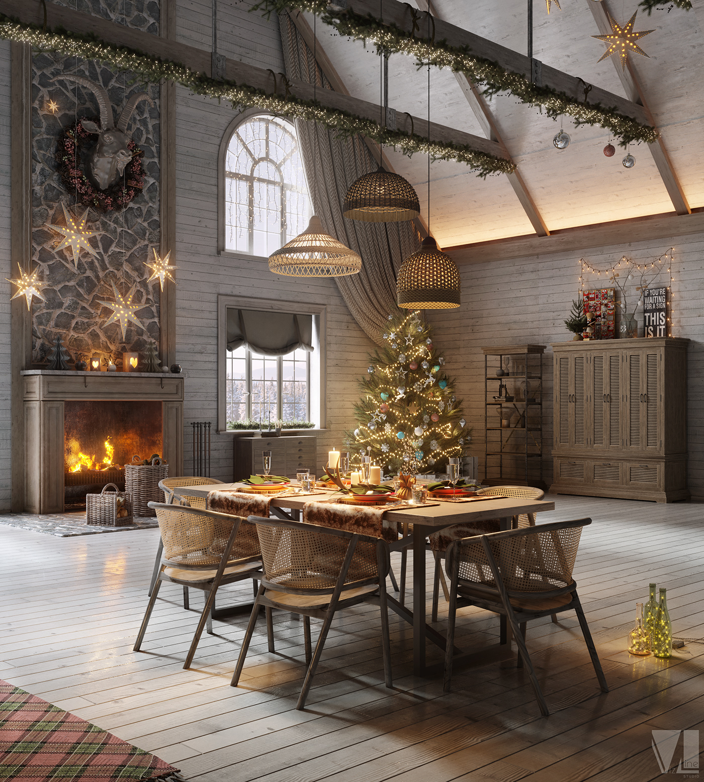 vizlinestudio 3ds max corona render  photoshop design Vizualization furniture Christmas newyear Scandinavian