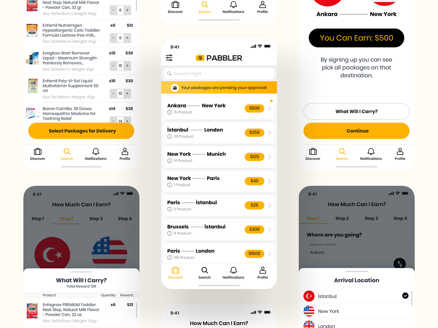 Application Design Booking flight luggage Onboarding pabbler Startup startups widget yellow