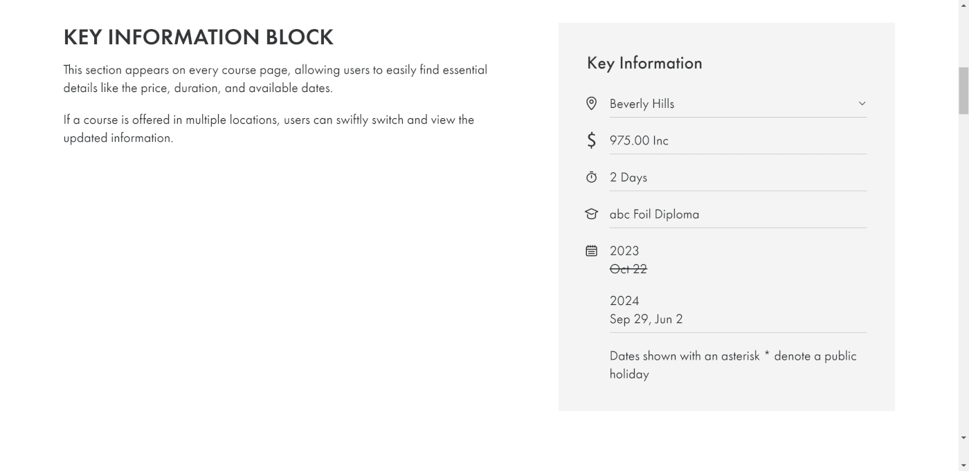 gif showcasing user switching between cities in key information block on course page