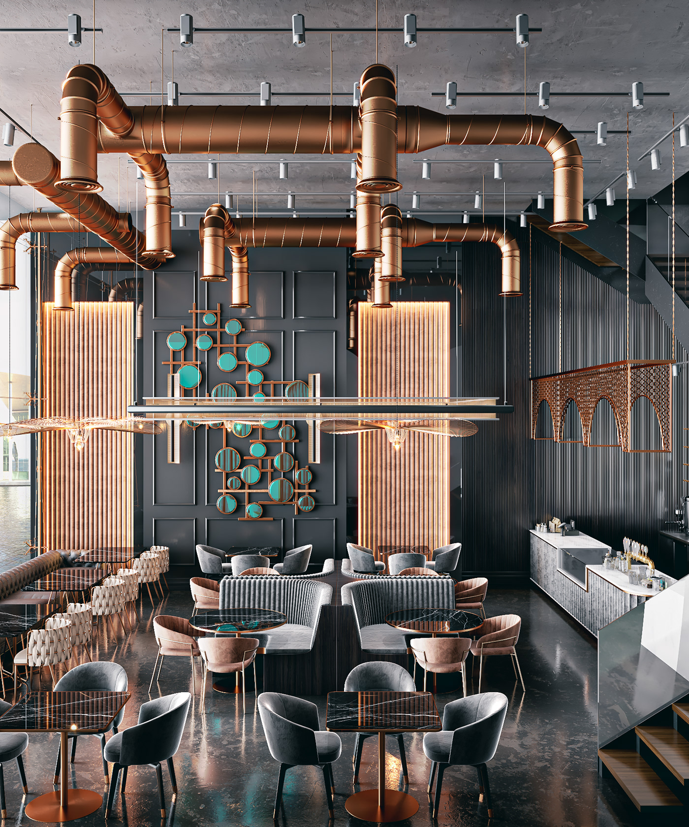 architecture bar cafe design interiordesign lighting modern restaurant visualization