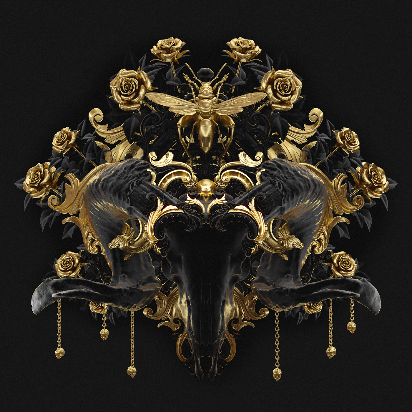 billelis ILLUSTRATION  3d art gold ornate skull symmetry pattern art direction  3D