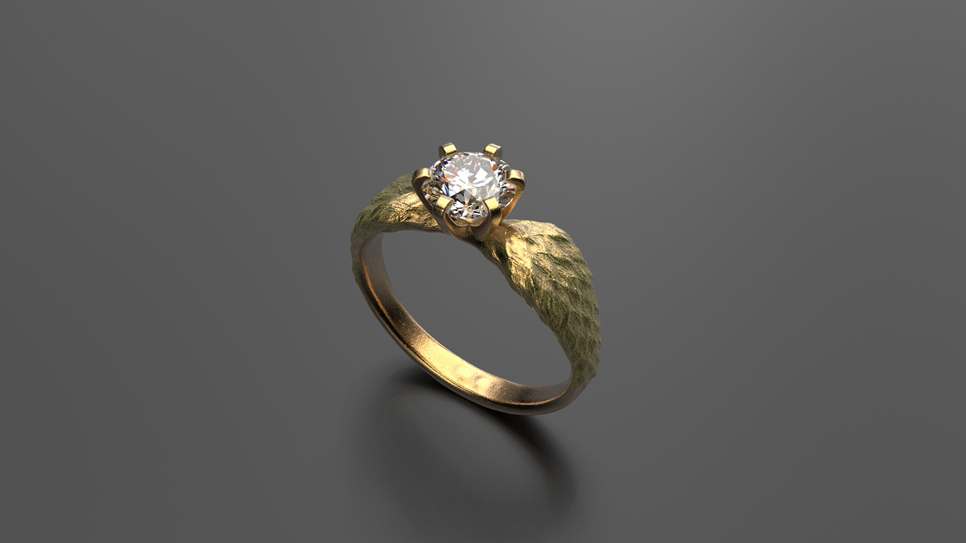 diamond  feather gold ring solitaire Zbrush