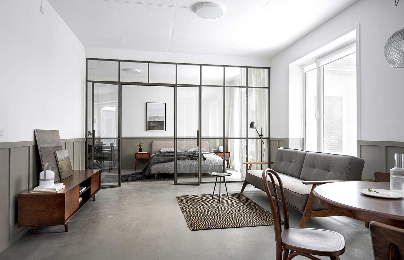 Concrete floor  green apartment interior design  New Holland