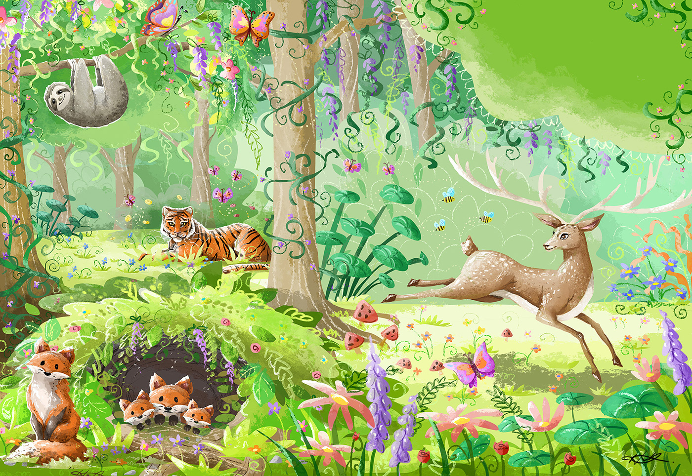butterfly deer Flowers forset FOX jungle sloth tiger trees