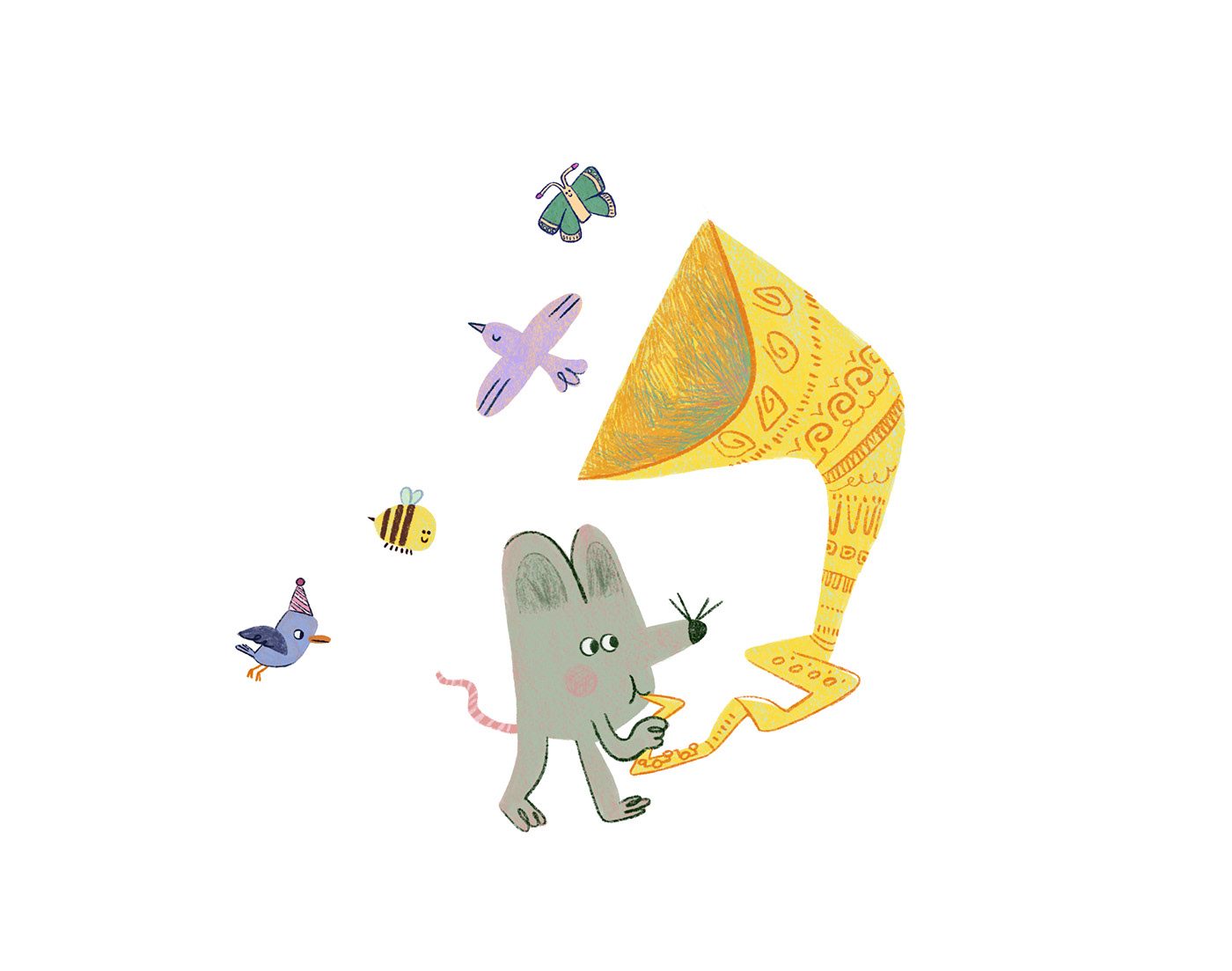 Mouse playing a trumpet, with birds and butterflies getting out of it.
