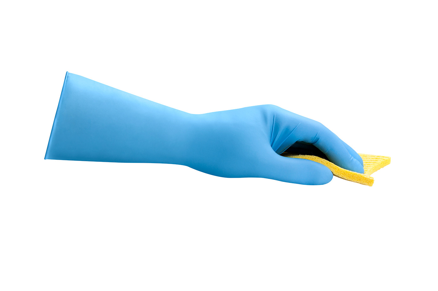 Finish retouching of blue gloved hand holding a Vileda sponge.