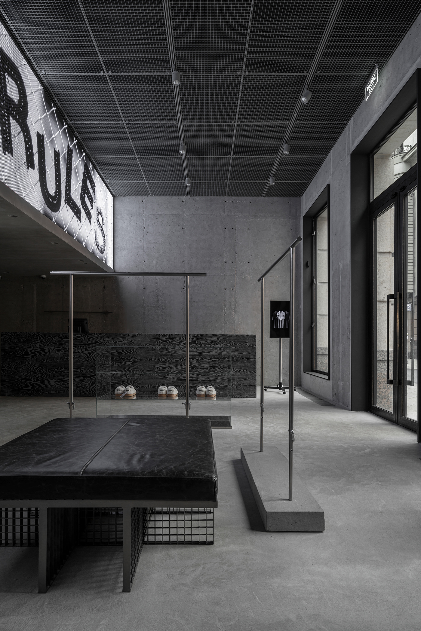 Brutalism concrete leather metal monochrome plywood store design Minimalism interior design 