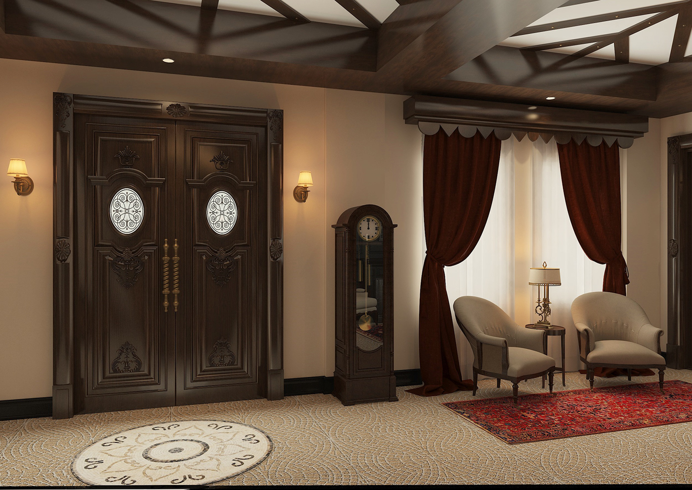 Boutique Hotel reception loby interior design  rustic 3dsmax vray wood