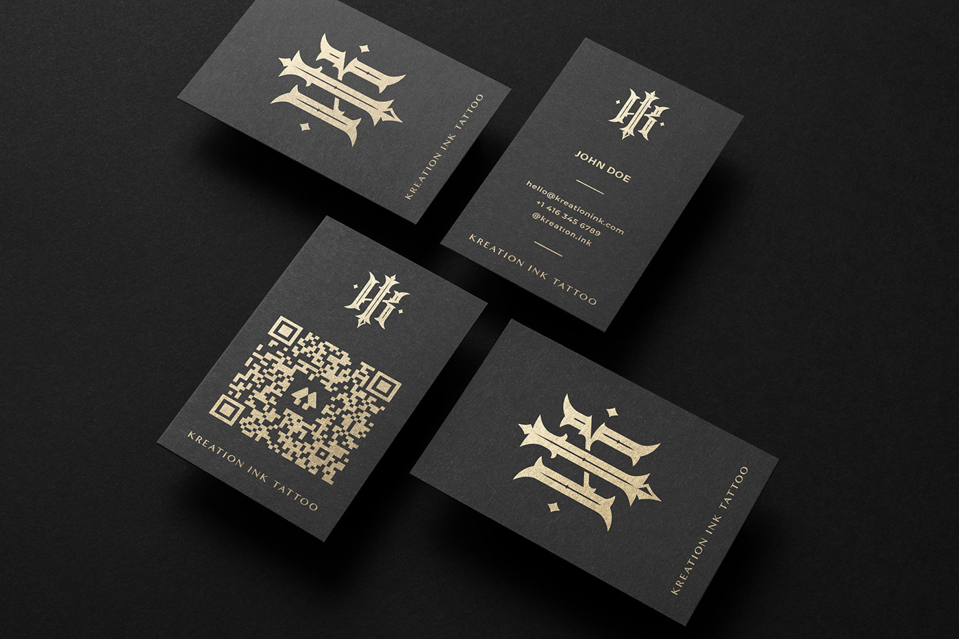 Kreation Ink Tattoo business card design with fully working QR code that leads to Linktree profile