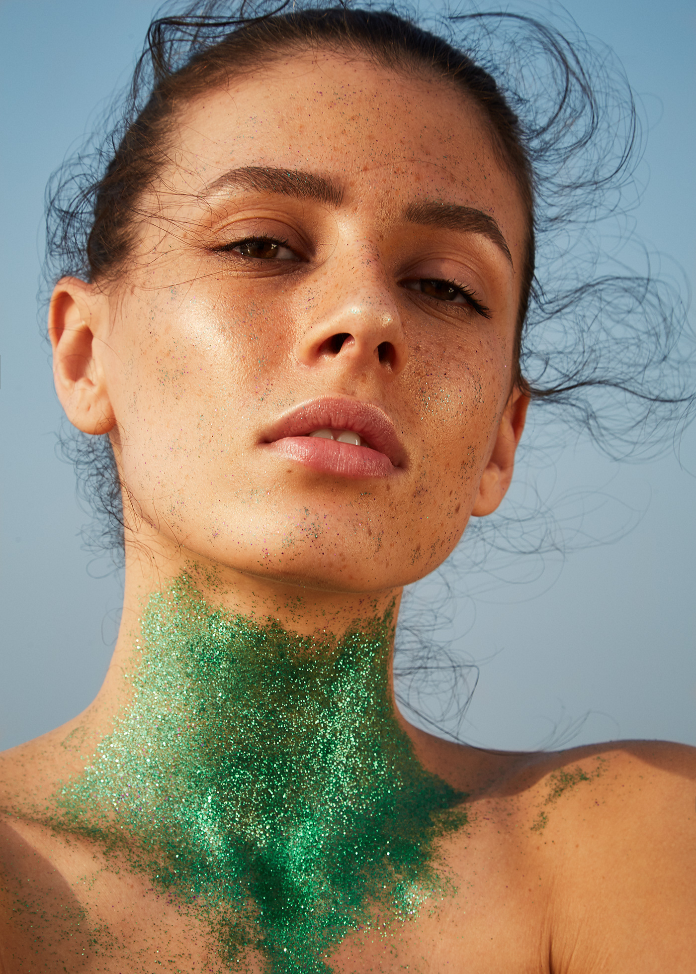 Sun skin skincare cosmetics glitters sparkles beauty portraits