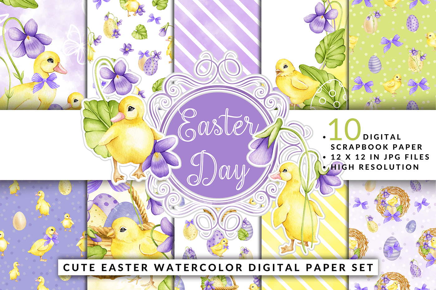 background Chick cute digital paper duck Easter egg scrapbook seamless pattern watercolor