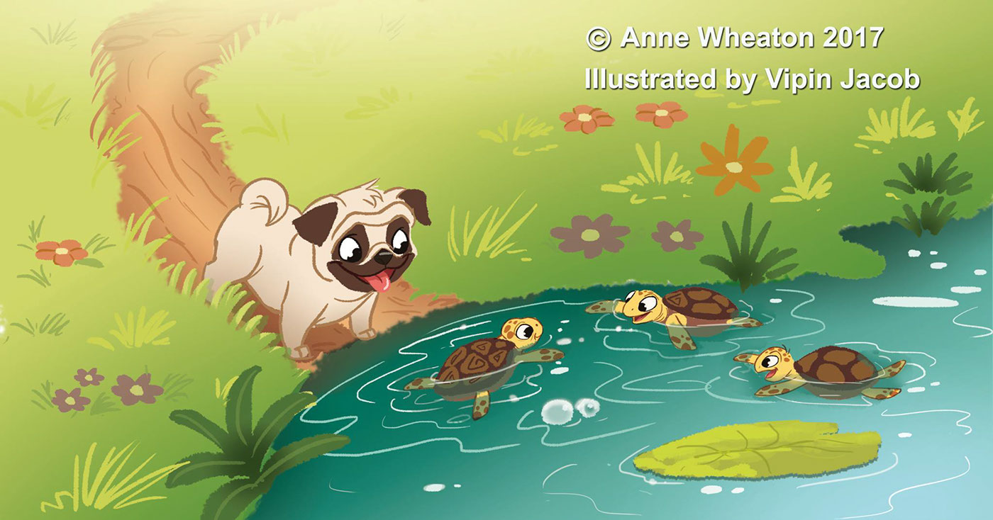 Children'sbookillustration Pug piggy characterdesign pond Freelance ILLUSTRATION  DigitalSketch