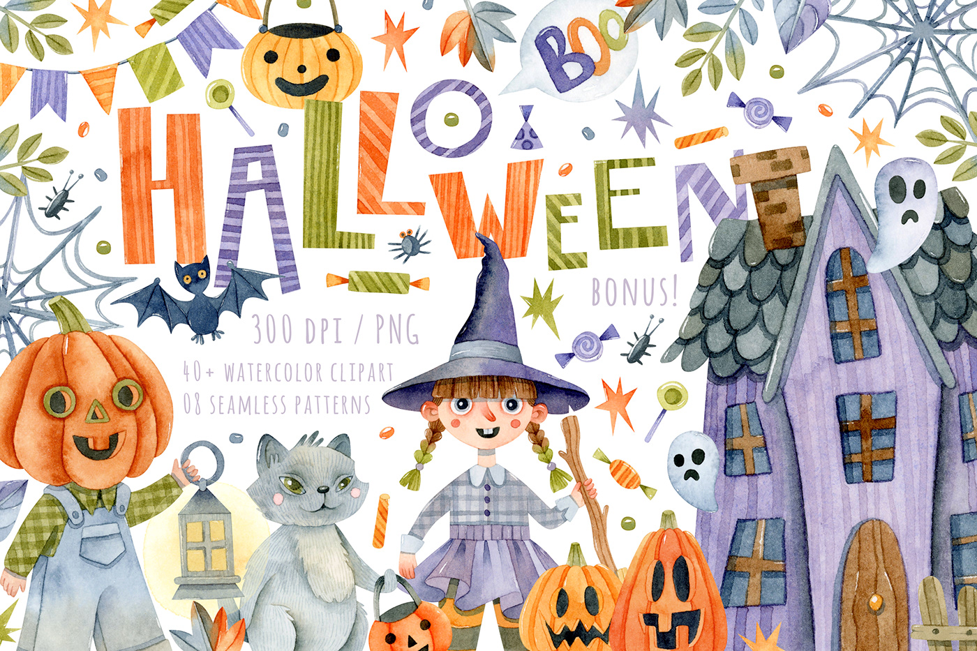 watercolor Halloween Halloween party children clipart haunted house ghost lettering seamless pattern costume party