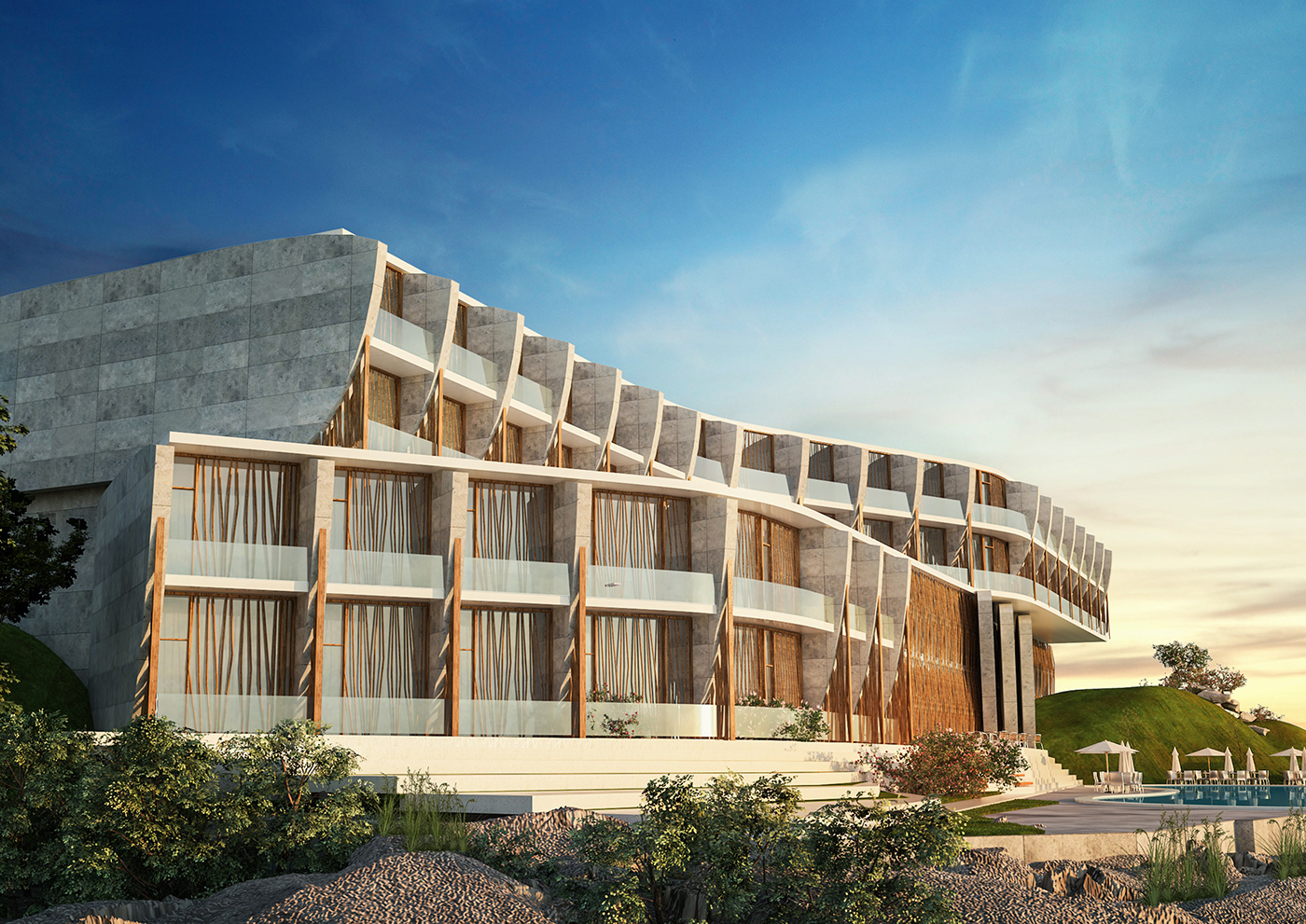 cliff desert design facade graphics hotel plans Post Production resort visualization