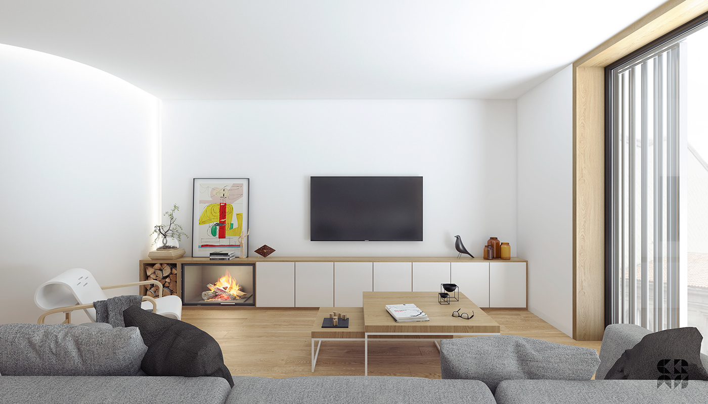 3D Render flat apartment Interior design photoshop 3dmax minimal vray living kitchen wood paimio Carlhansen