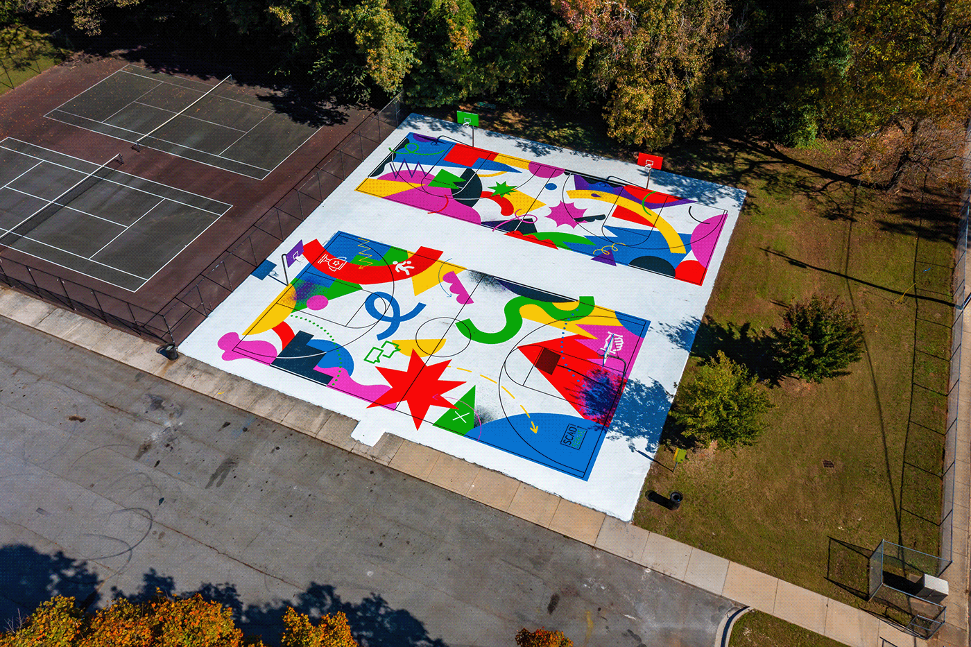 Basketball Court basketball court design Creative Direction  environmental graphics graphic design  Mural Street Art  surface design