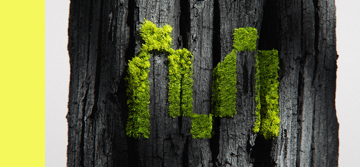 3D simulated MakeReign logo as green moss growing on a dark grey tree. 