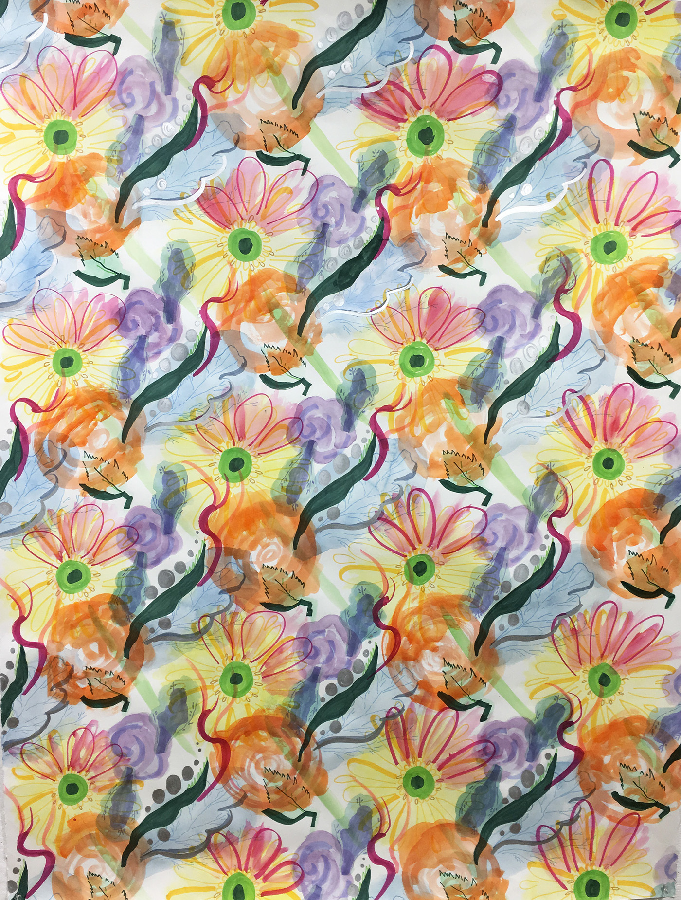 prisma color markers surface design floral pattern Half Drop repeat print design  watercolor