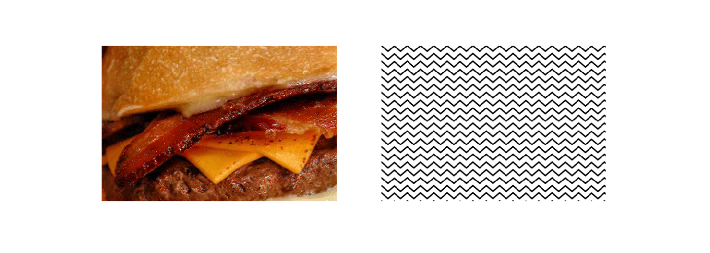 GIF mostrando fotos de hambúrgueres ampliadas ao lado das texturas gráficas criadas.