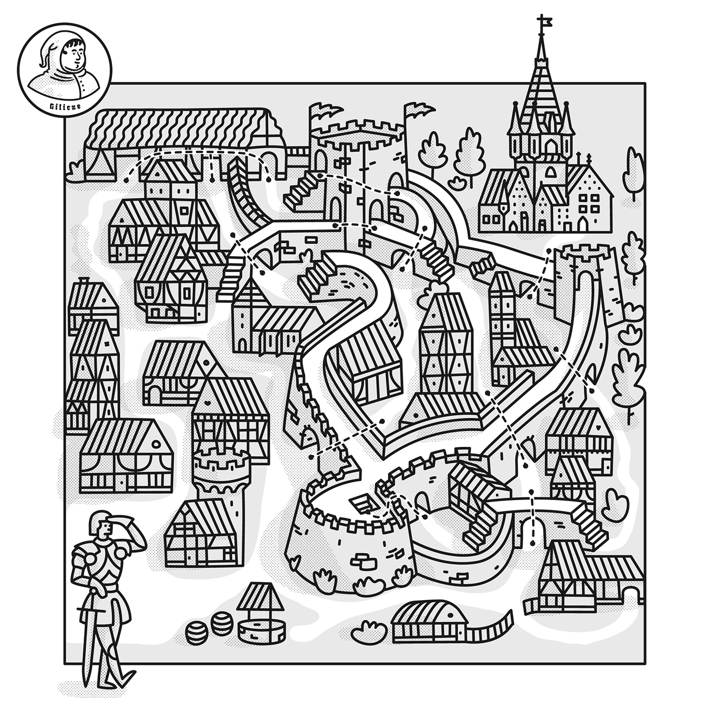 medieval maze game print children forest harbor town Castle Character