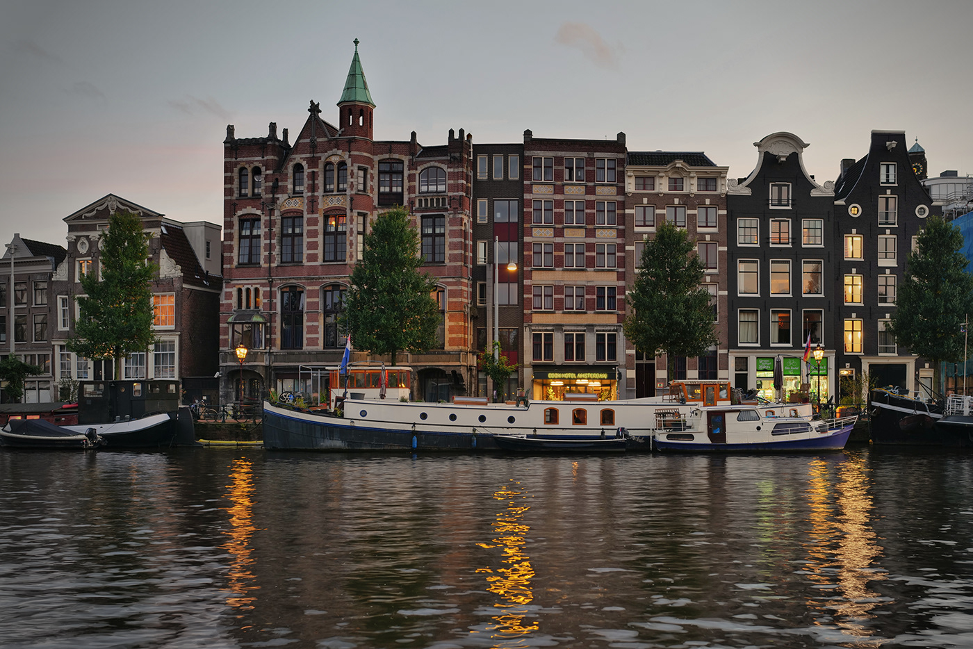 amsterdam water reflection building boat Evening night Photography  Travel Holland