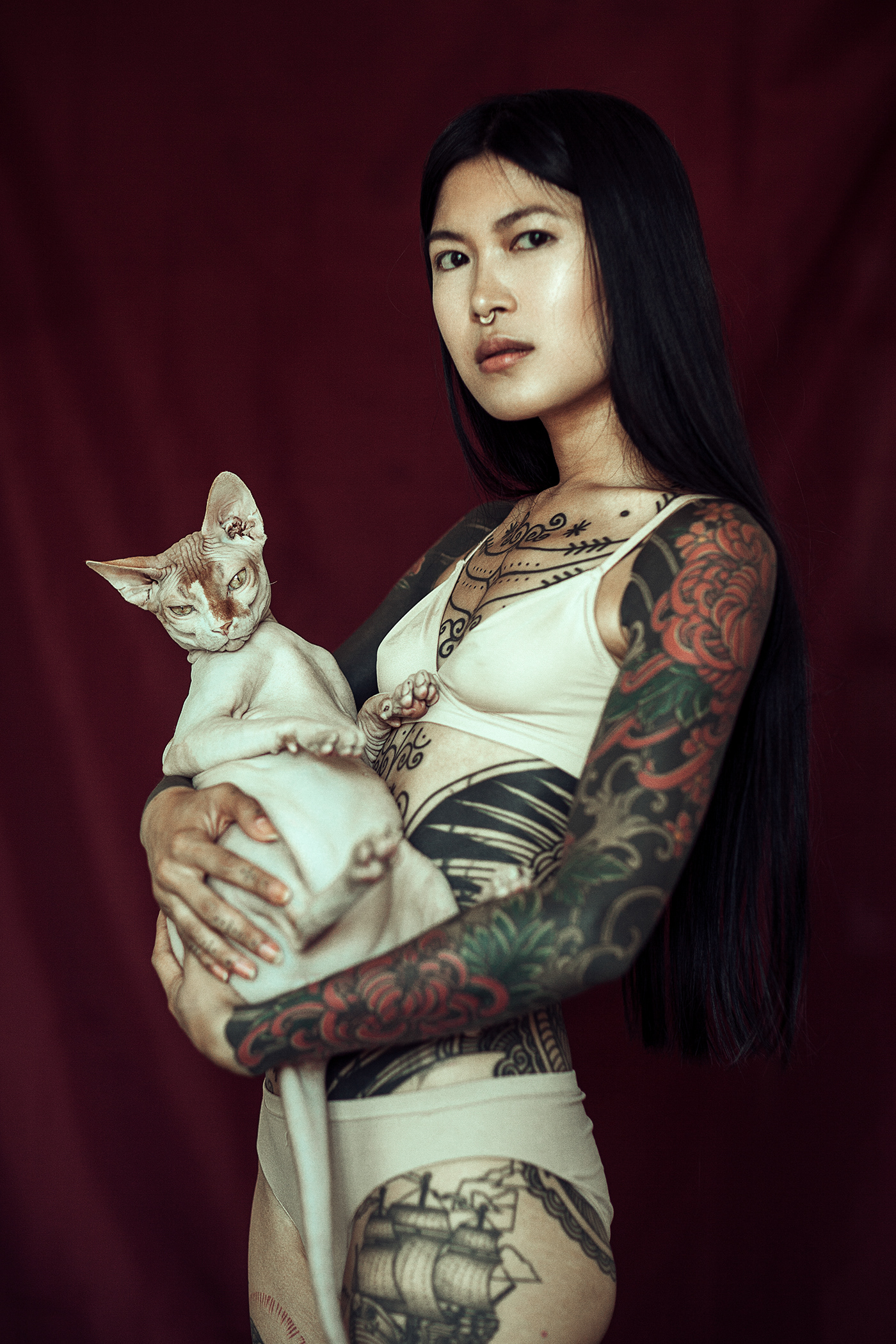 tattoo girl asian portrait light natural sexy makeup hair indoor