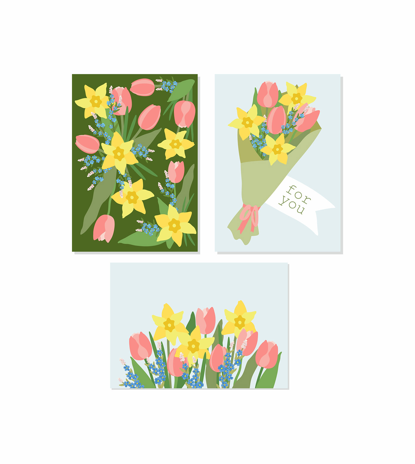 daffodils Flowers forget-me-nots march postcards spring throwaway tulips