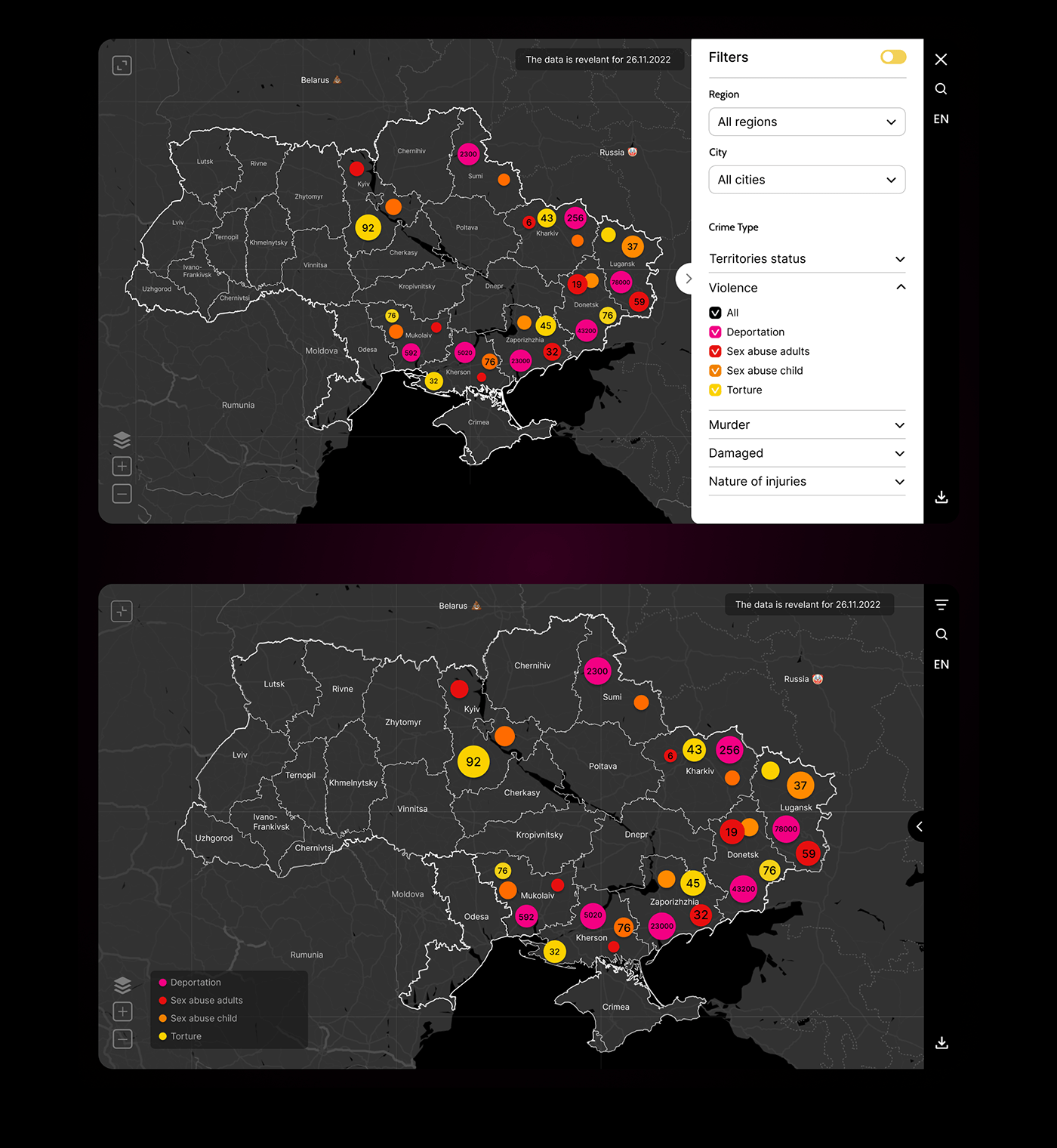 Against crimes desktop interactive landing page map mobile ukraine violence War
