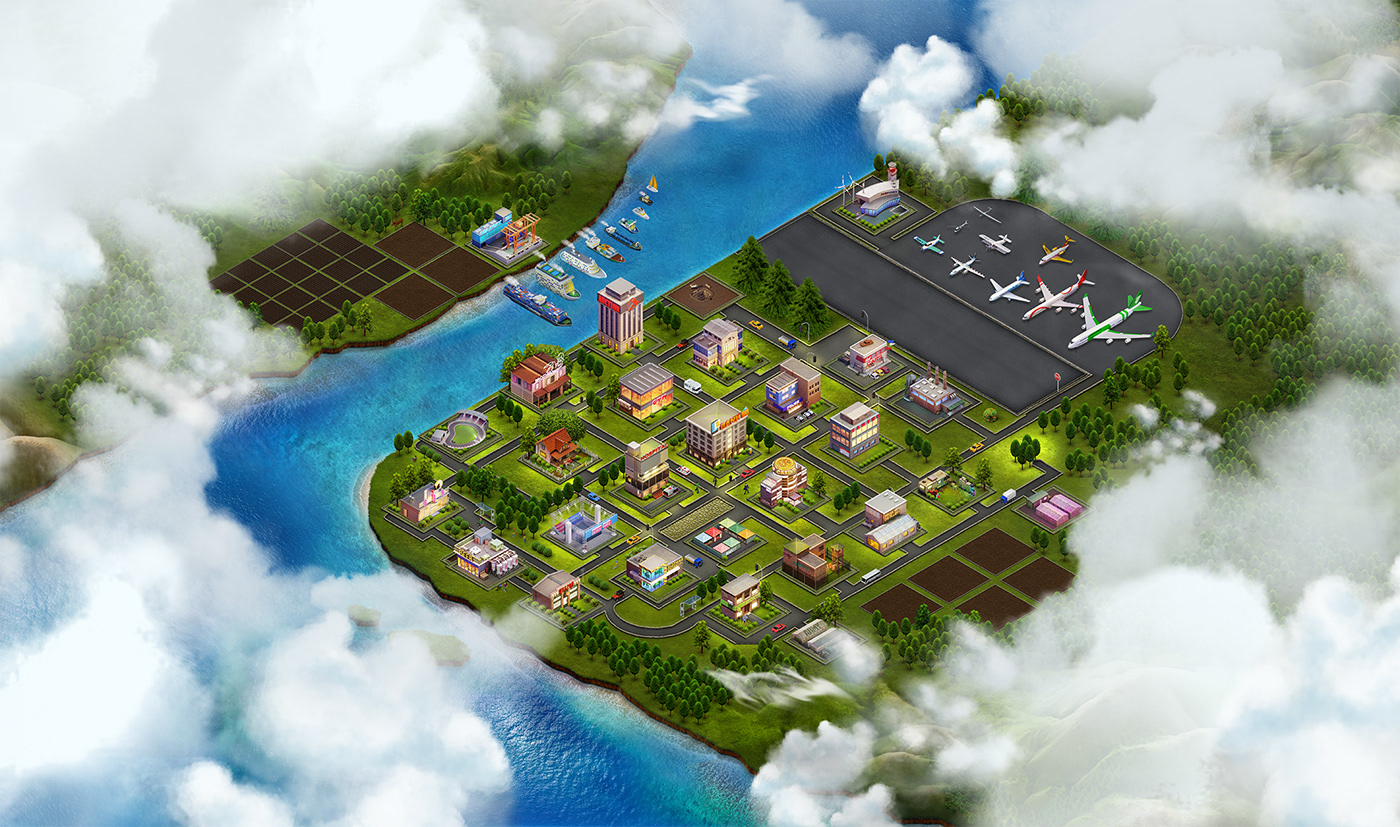 3D browser game map realistic UI user interface ux Isometric top view