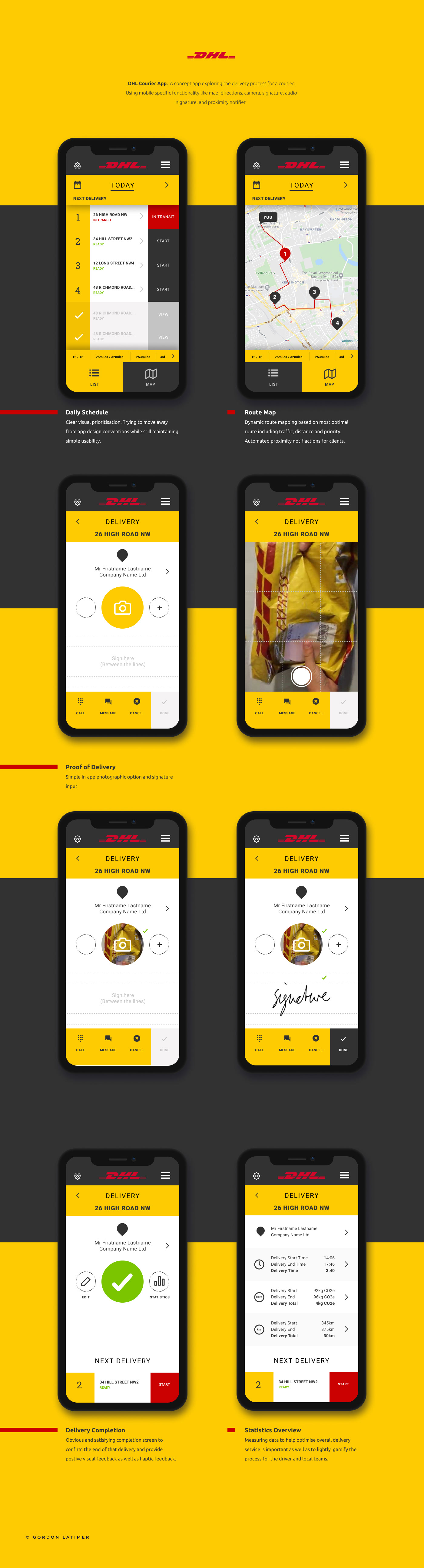 UI ux courier app DHL yellow red delivery
