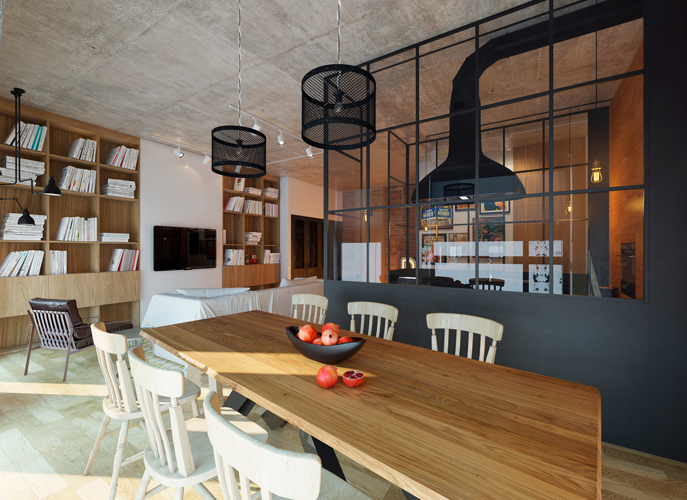 industrial LOFT brick concrete apartment wood Interior design residential modern