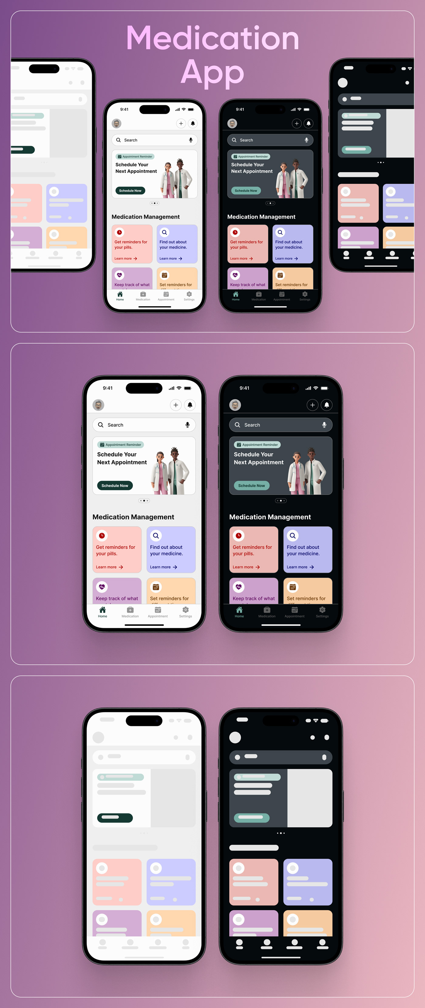 Medication App UI design with features like schedule appointment, get remainders for your pills, etc