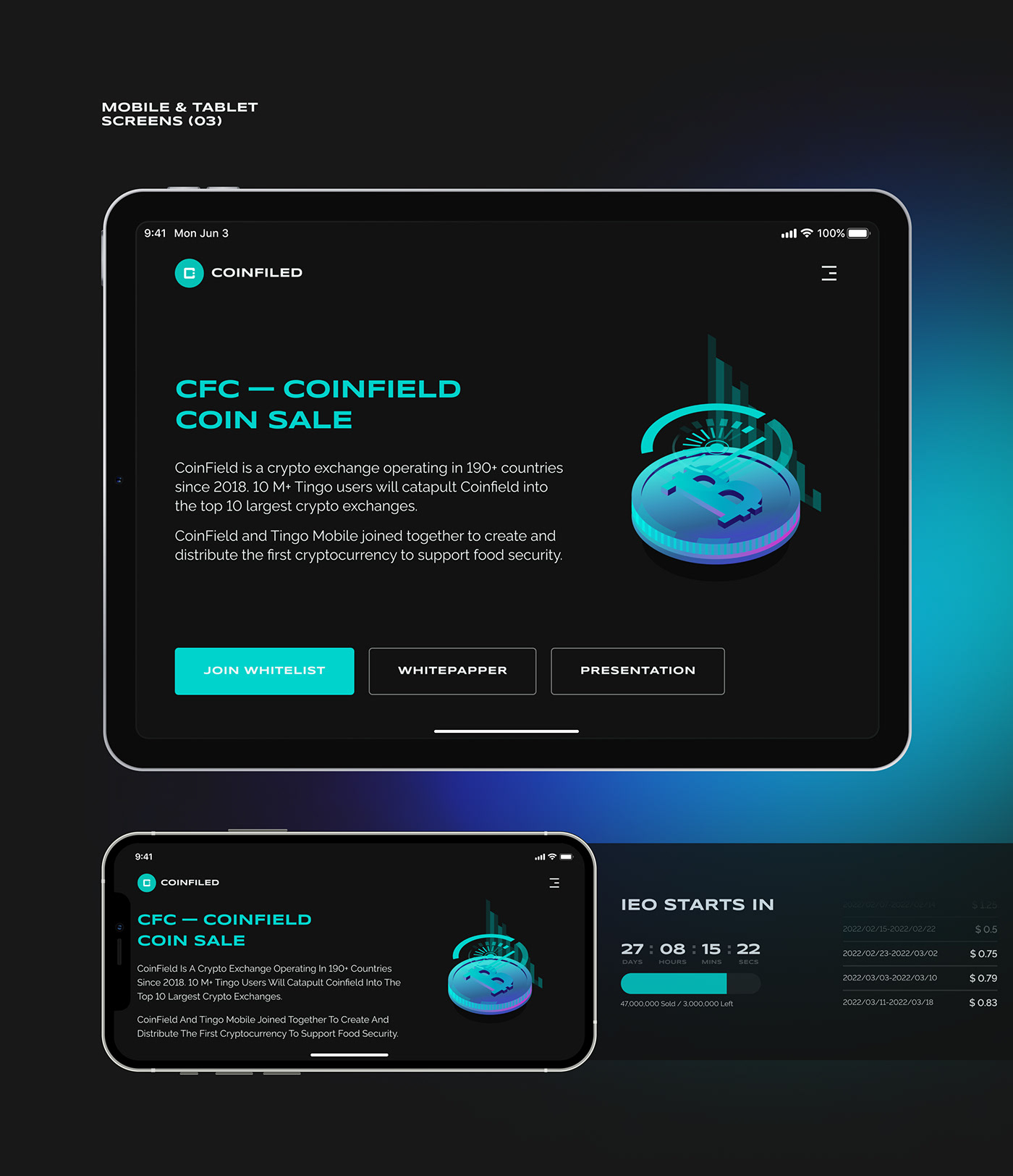 blockchain coin Coinfield coins crypto cryptocurrency landingpage UI/UX Webdesign Website