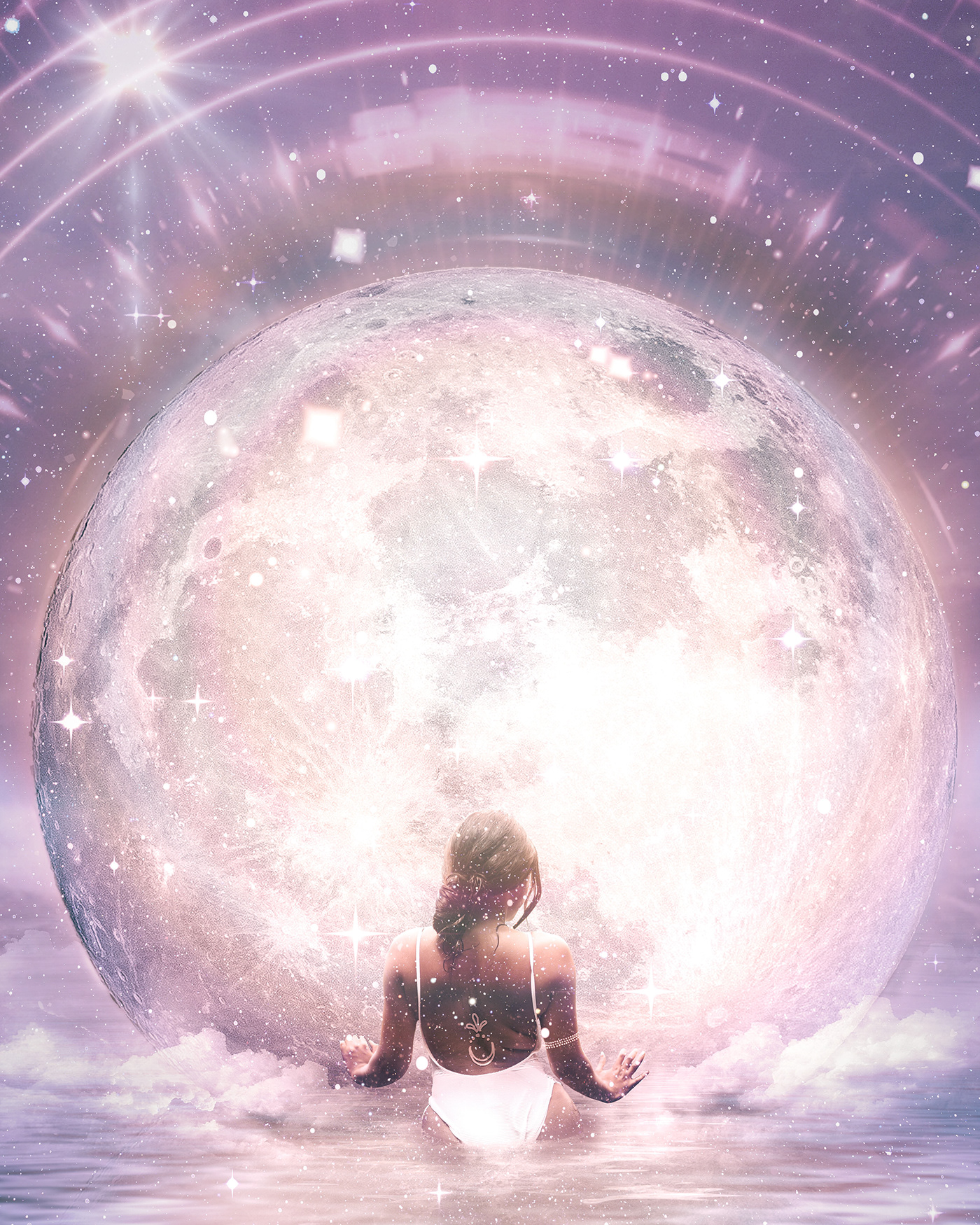 Adobe Photoshop afrofuturism cosmic dreamlike goddess moon pastel purple spiritual stars