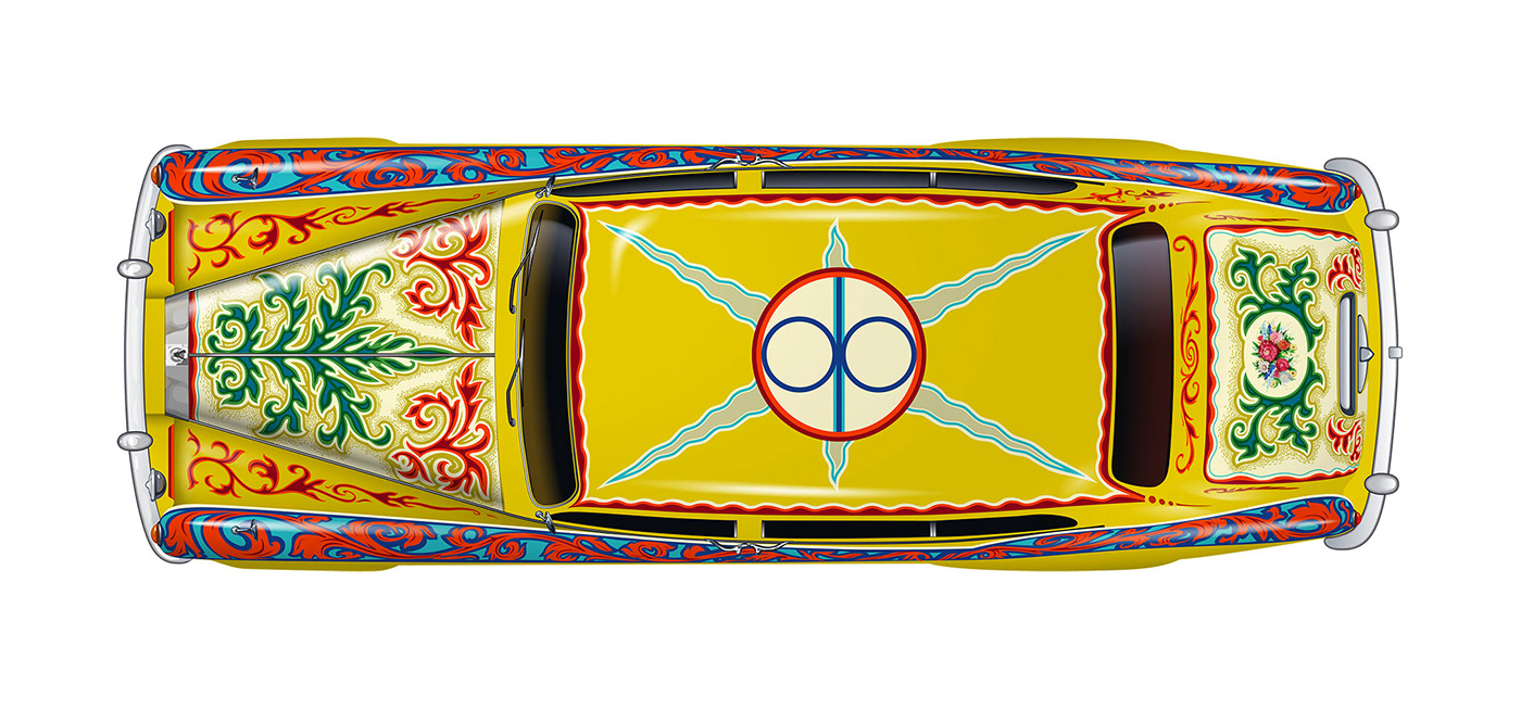 hyper realistic hippy Beatles John Lennon colorful digital painting car jellow submarine rolls royce