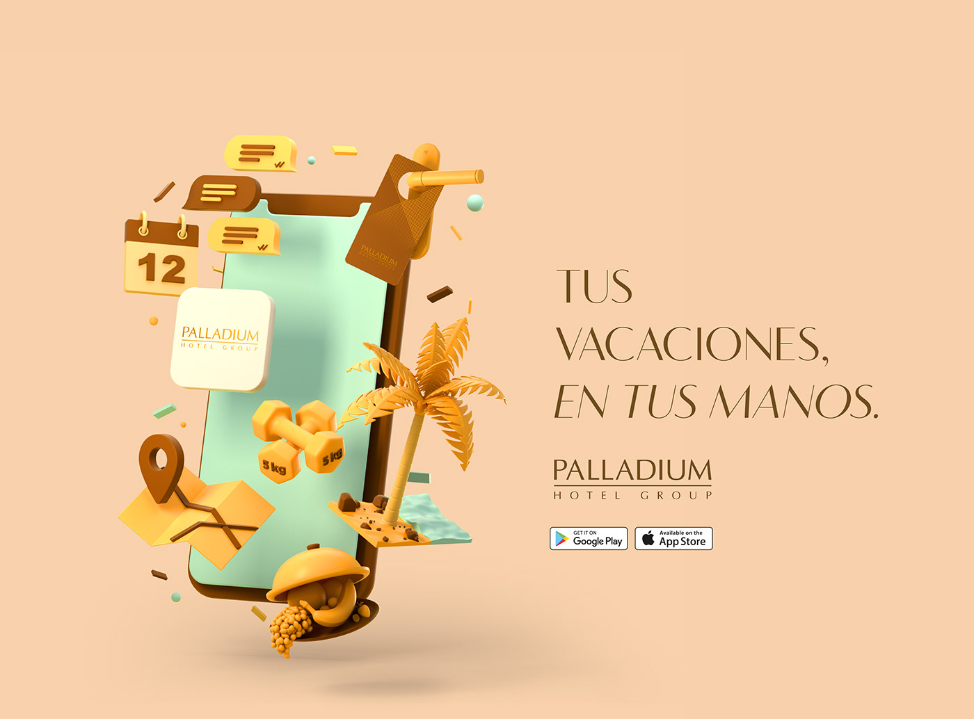 3D 3D illustration ads Advertising  app art direction  hotel ILLUSTRATION  mobile Palladium Hotel