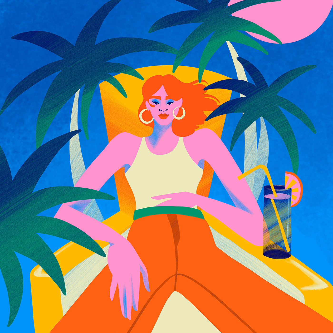 woman sitting between palm trees relaxing and drinking a cocktail