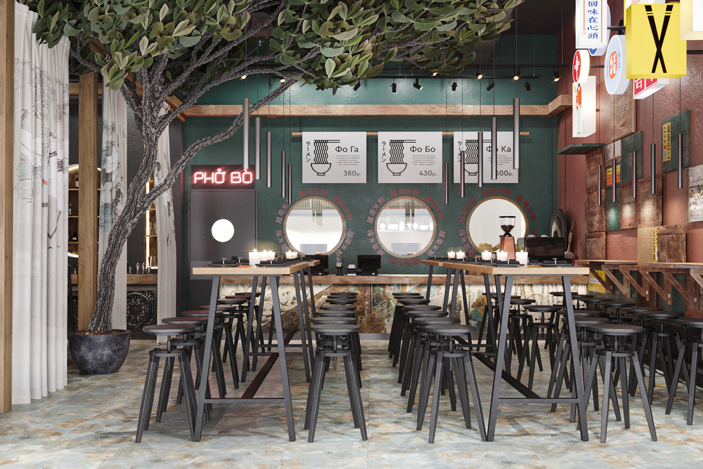 asia bar cafe coffee shop concrete interior design  LOFT pho bo restaurant wood