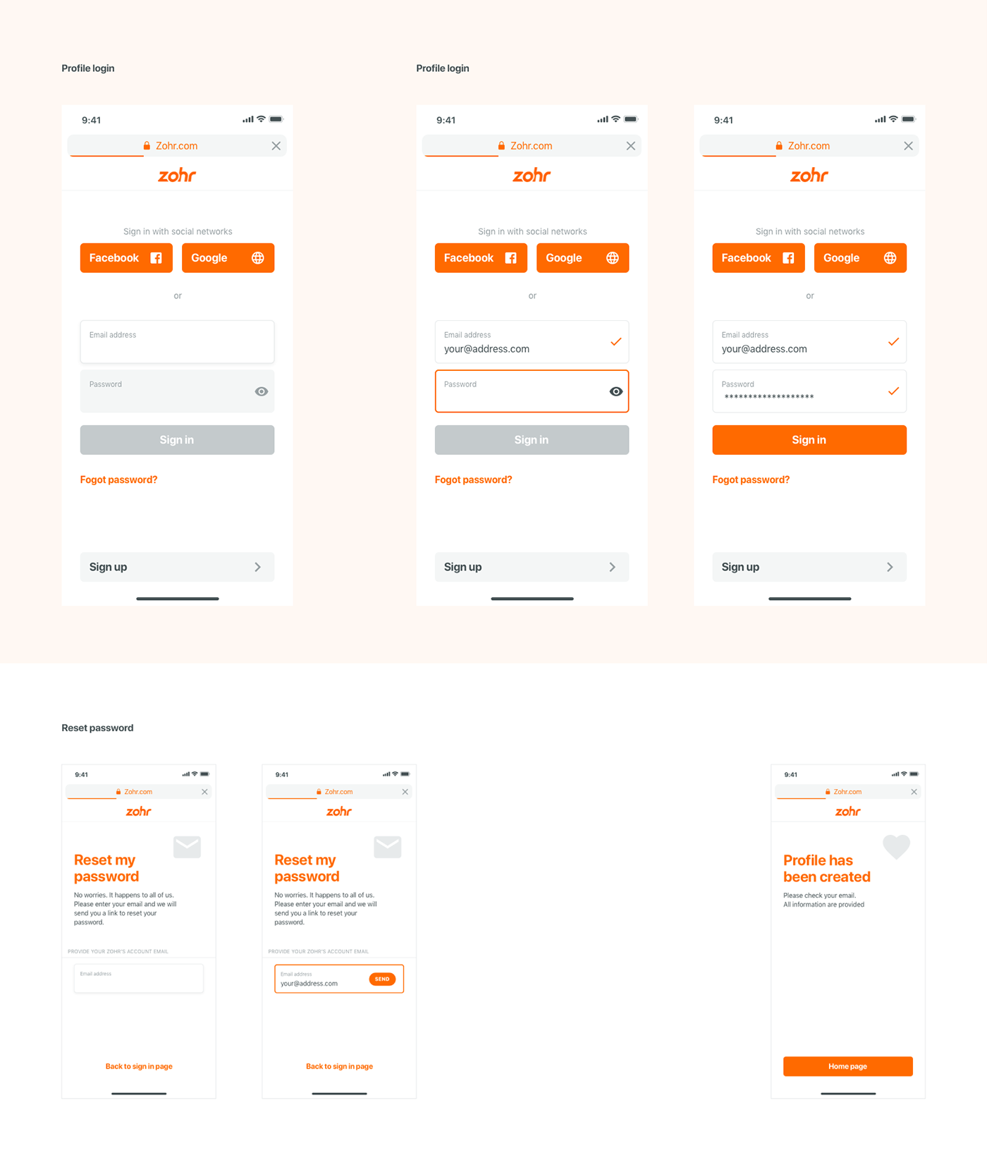 Mobile app wireframes ZOHR ideation