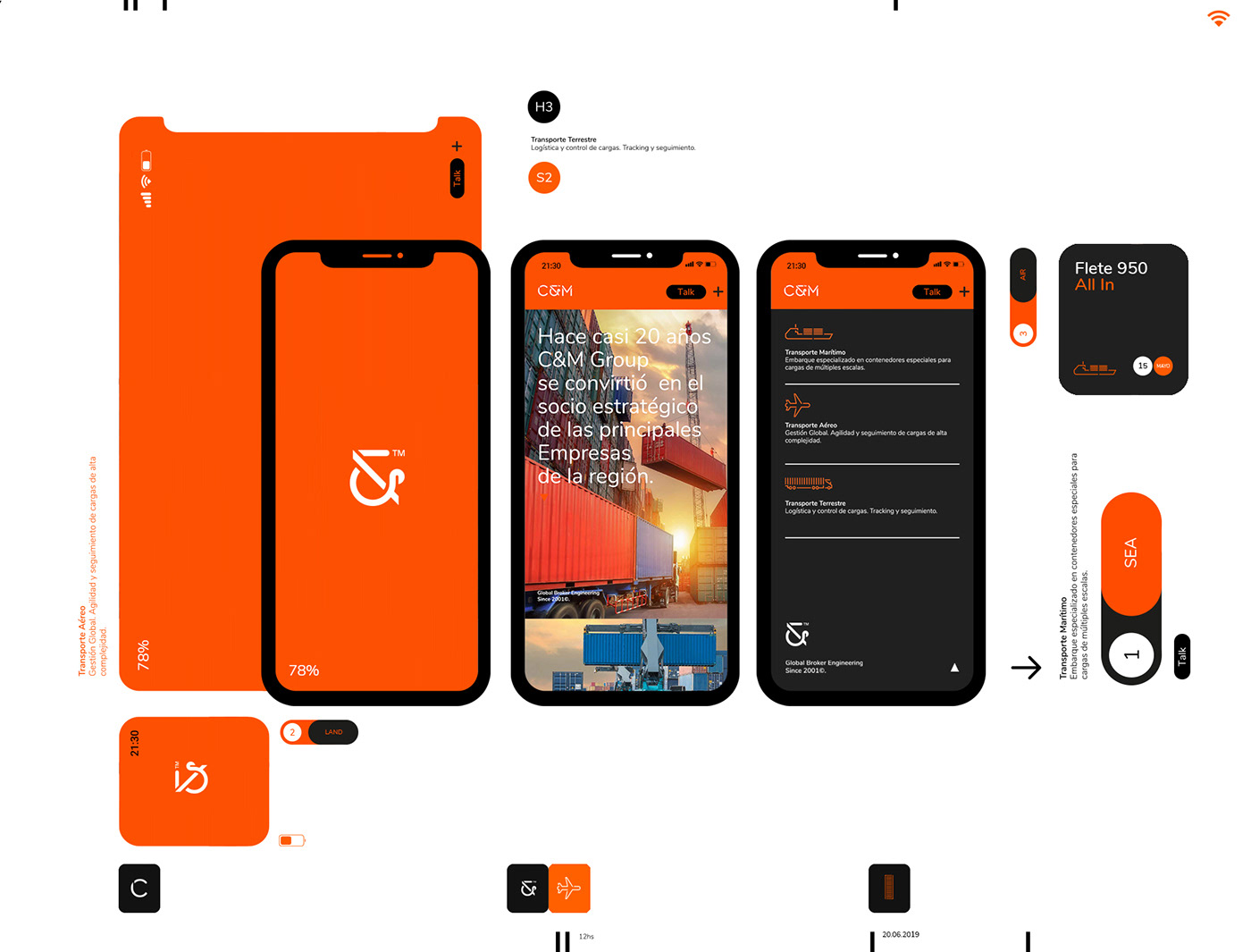 shipment logistic Smart Technology Global digital ux conceptual icons orange