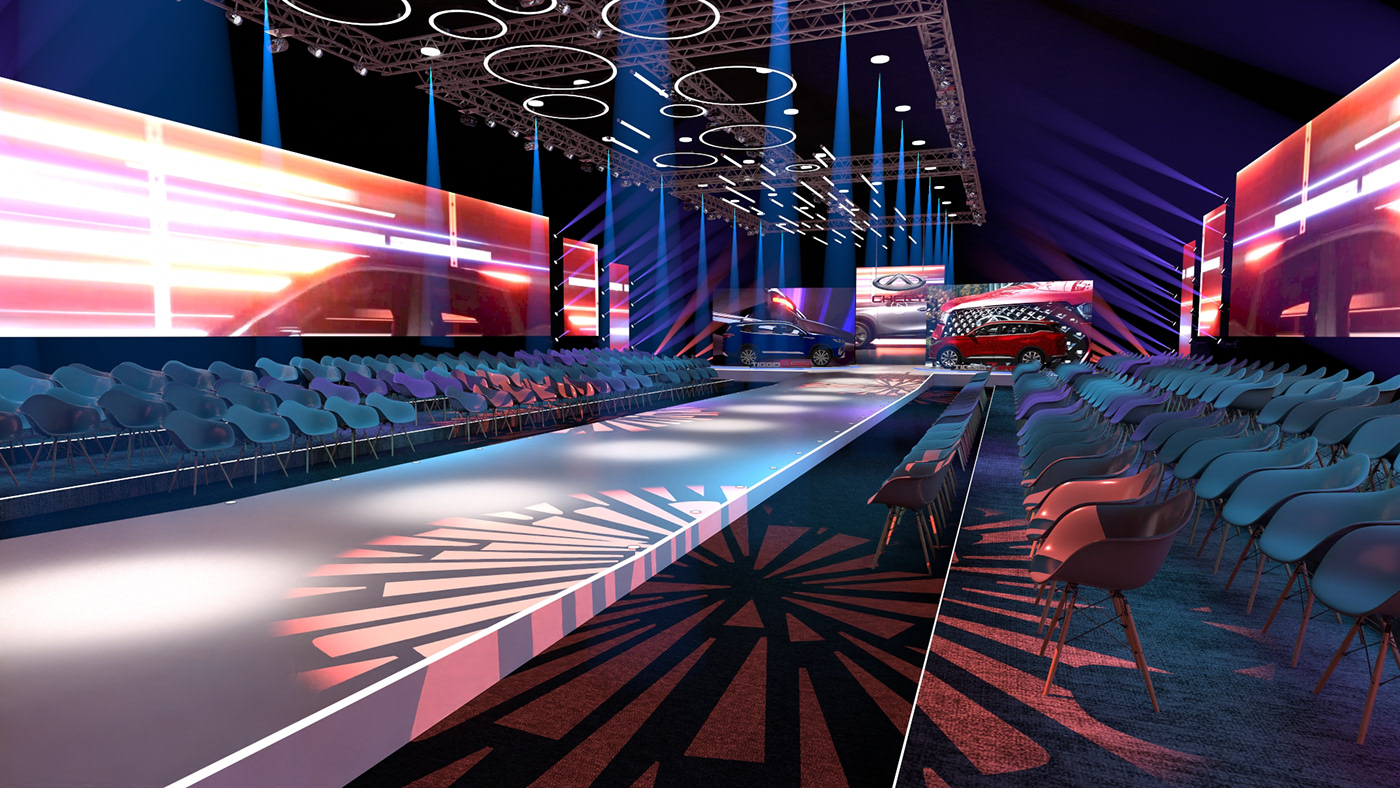 3D Event launch car Stage design Render catwalk screen led