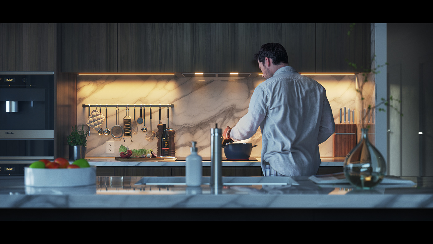 kitchen vray 3ds max cooking straigh on shot architecture Architecture Visualization Life Style movie Evening