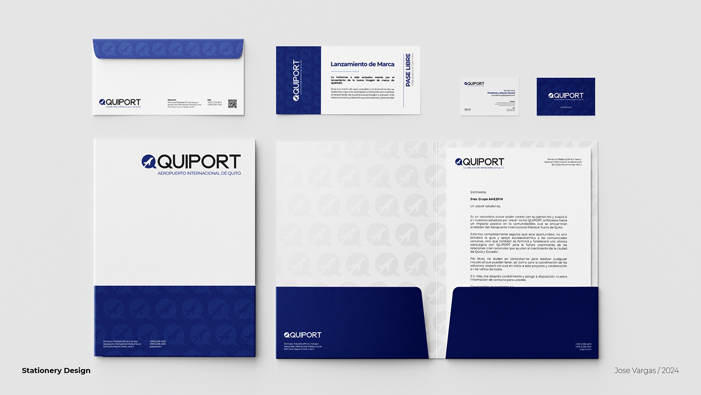 Quiport S.A. brand redesign proposal, personal project, logotype stationery designs