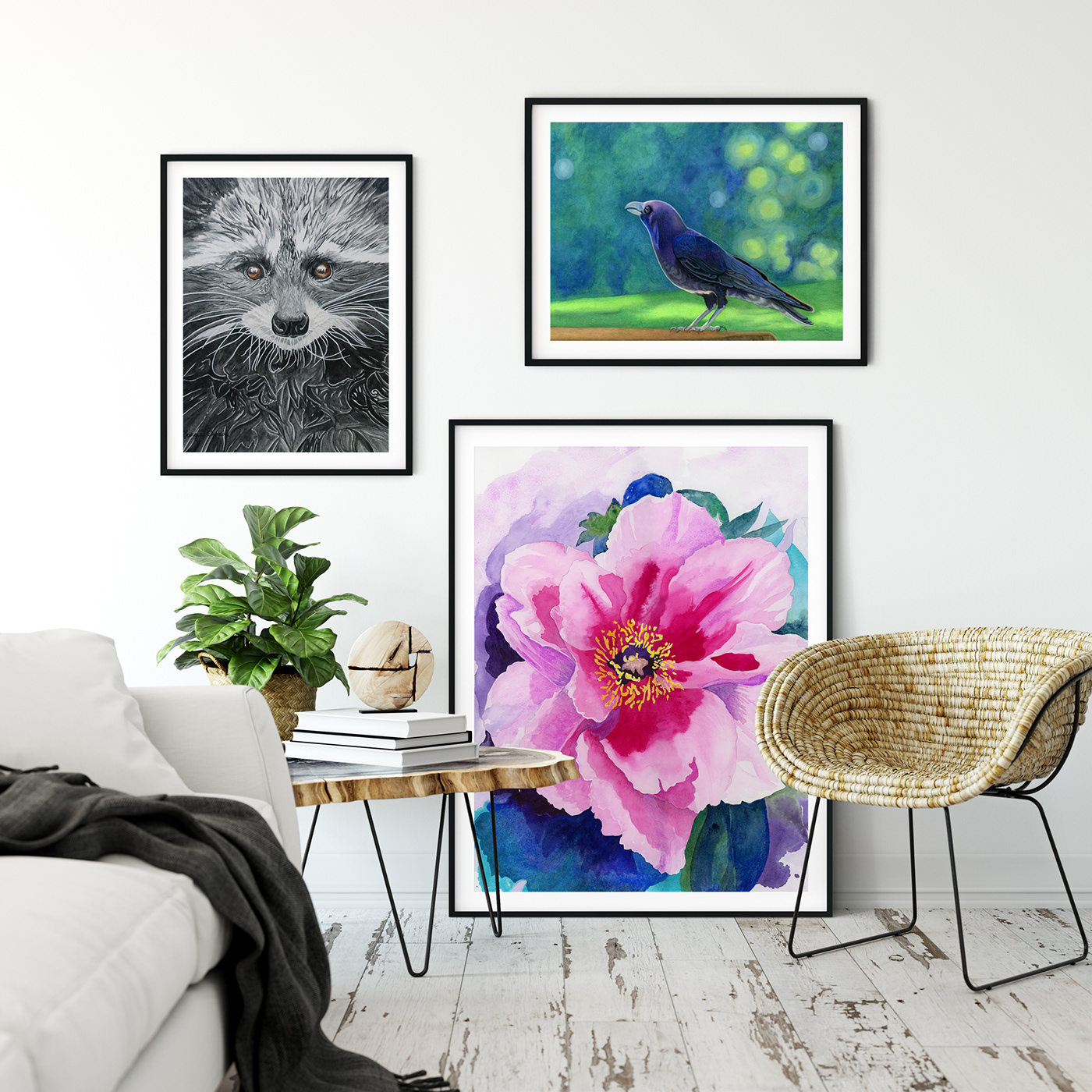 watercolor prints giclees mockups art painting   coloured pencil water soluble graphite artist painter flower art racoon art crow art flower racoon crow Canadian artist vancouver island Framed Art