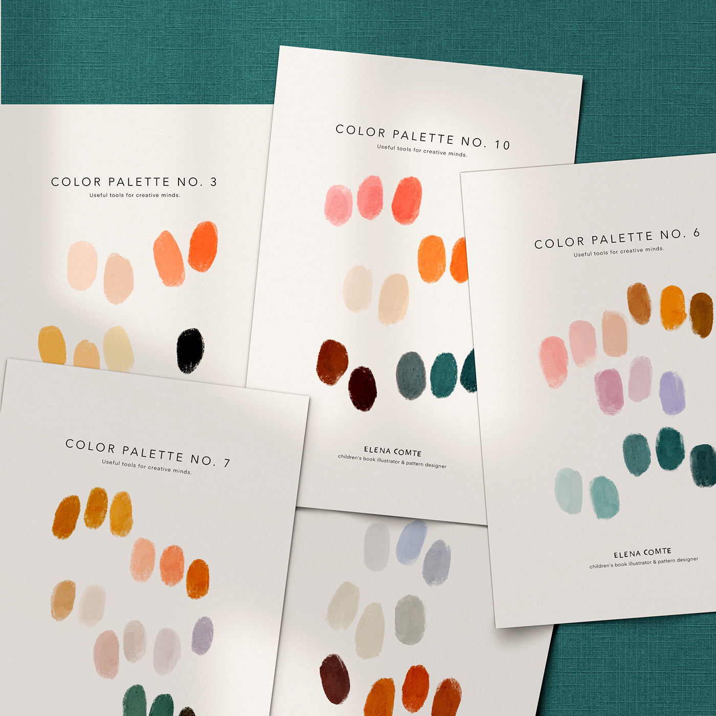 Color palette cards created by children's book illustrator and designer Elena Comte.